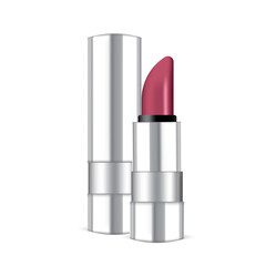 Obraz premium Elegant Rose Lipstick: A sophisticated close-up of a glamorous rose-colored lipstick in a sleek silver case, highlighting beauty, fashion, and self-care. 