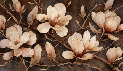 Softly lit, stylized floral arrangement with large, cream-colored blossoms and delicate brown branches against a dark backdrop