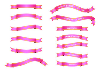 ピンクと金色のグラデーションのリボンのイラストセット