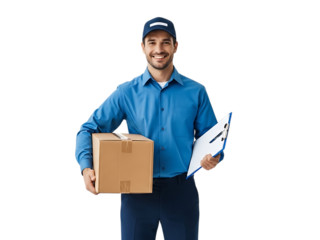 Delivery man holding package and clipboard