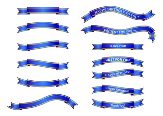 青と金色のグラデーションのリボンのイラストセット