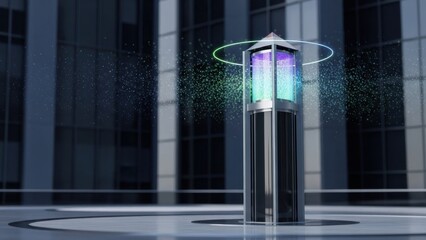 Futuristic air purifier with a sleek design stands against an urban background. Technology.
