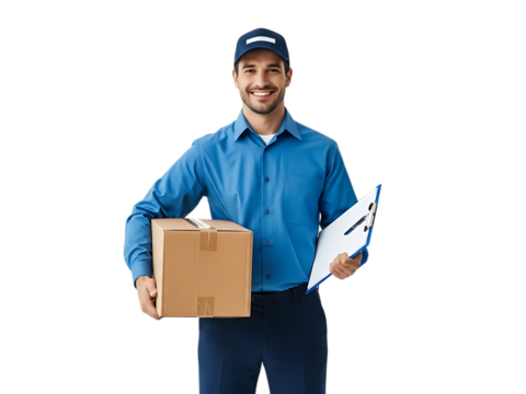Delivery man holding package and clipboard - Powered by Adobe