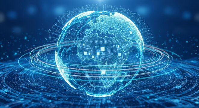 An abstract blue planet earth represents a global digital network concept with binary data and tech communication lines connecting a business world map across a dark space background