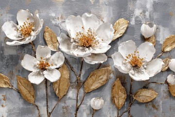 Textured artwork showcasing sculpted white blooms with gold accents and leaves, set against a muted grey and yellow background