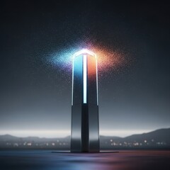 Futuristic silver tower emitting blue and orange particles against a night cityscape.