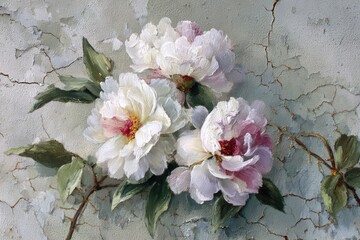Three lush, blooming flowers in soft pastels against a textured background, with gentle greens and whites