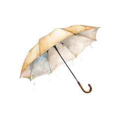 A delicate watercolor painting of an open umbrella with beige and white panels. Small raindrops fall around the classic J-shaped handle and canopy, isolated on a white background.