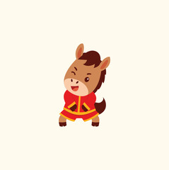 Cute Cartoon Horse Character in Red Traditional Outfit, Winking