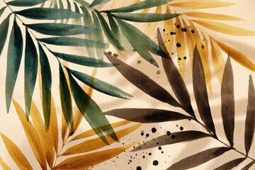 Watercolor depiction of overlapping palm fronds in varying shades of green, gold, and brown on a neutral beige background