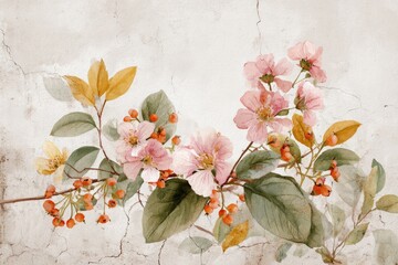Watercolor depiction of delicate pink blossoms and foliage on a textured, aged wall, creating a vintage floral aesthetic