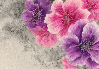 Watercolor depiction of vibrant, layered blossoms in shades of purple and pink against a textured, speckled gray background
