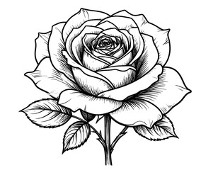Black and white illustration of a beautiful, fully bloomed rose