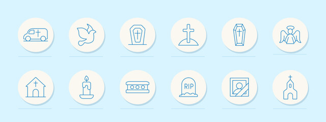 Funeral set icon. Circular outline icons with hearses, coffins, doves, crosses, churches, candles, angels, tombstones, and framed portraits symbolizing mourning and burial