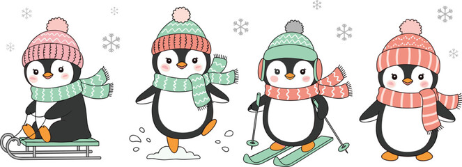 Cute winter penguins illustration skiing sledding ice skating snowflakes cartoon characters for kids holiday design nursery print vector artwork christmas playful adorable colorful set