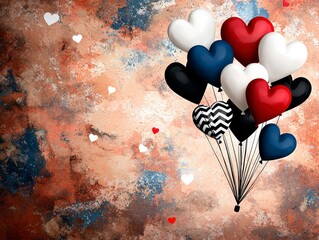 Colorful heart balloons ascending celebratory atmosphere digital art whimsical setting vibrant viewpoint love concept