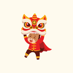 Cute Cartoon Ox Character Dancing Lion Dance for Chinese New Year Celebration