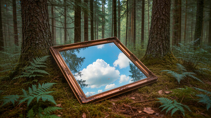 A surreal stock photo of a wooden picture frame lying on moss between trees in a dense coniferous forest. Instead of a painting, the frame reflects a clear blue sky with white cumulus clouds. The comp