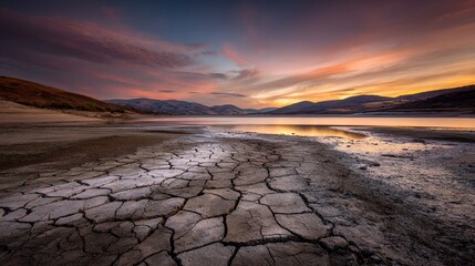 prologue. A receding lake shoreline with exposed cracked dry lakebed under a vast dramatic sunset sky. inspiring travel planning, ESG reports, designed for environmental awareness campaigns.