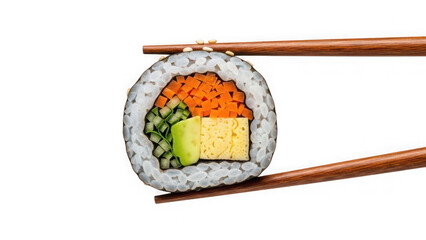 Sushi roll held by chopsticks isolated on transparent background