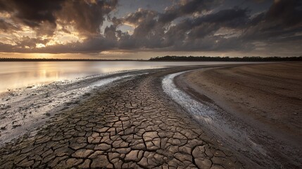prologue. A receding lake shoreline with exposed cracked dry lakebed under a vast dramatic sunset sky. inspiring travel planning, ESG reports, designed for environmental awareness campaigns.