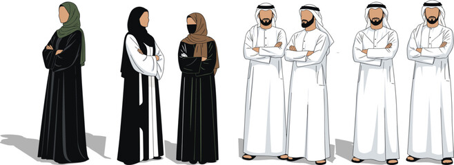 Middle Eastern traditional attire, cultural clothing illustration, men and women group pose, identity concept, vector design, heritage representation