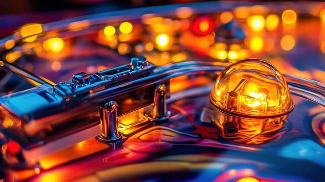 pinball. A silver pinball rolling on a glowing track and impacting a shiny bumper. event key visuals, club posters, designed for sports event promotions and stadium branding.