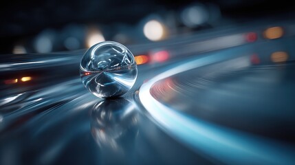pinball. A silver pinball rolling on a glowing track and impacting a shiny bumper. event key visuals, club posters, designed for sports event promotions and stadium branding.