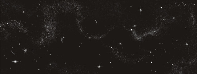 Fototapeta premium Black starry sky with milky way galaxy, nebula dust clusters and bright stars scattered across dark universe background. Cosmic night space texture scene for astronomy or science fiction designs.