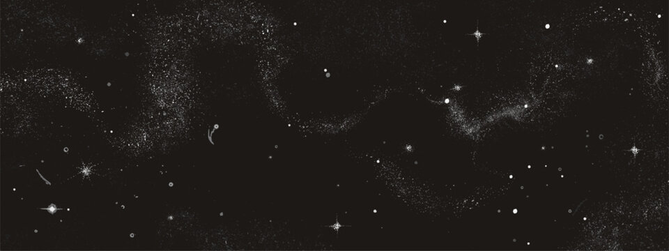 Black starry sky with milky way galaxy, nebula dust clusters and bright stars scattered across dark universe background. Cosmic night space texture scene for astronomy or science fiction designs.