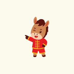 Cute Cartoon Horse Character in Red Chinese Outfit Winking and Pointing