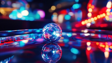 pinball. A silver pinball rolling on a glowing track and impacting a shiny bumper. event key visuals, club posters, designed for sports event promotions and stadium branding.