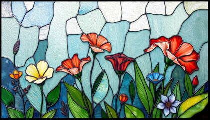 Colorful stained glass window. Botanical pattern. Multicolored interior design template.