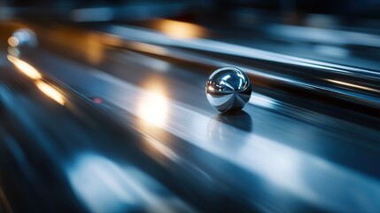 pinball. A silver pinball rolling on a glowing track and impacting a shiny bumper. event key visuals, club posters, designed for sports event promotions and stadium branding.