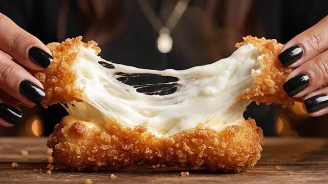 Person hands breaking crispy fried food item with creamy white filling
