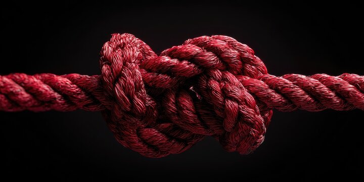 Close-up shows a dark red rope tied in a complex knot against a stark black background, highlighting texture