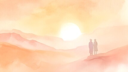 Golden sunset embraces elderly couple in a serene layered landscape watercolor scene