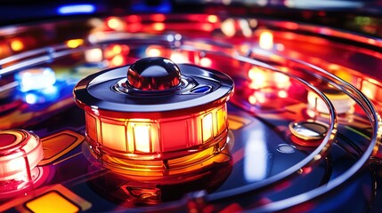 pinball. A silver pinball rolling on a glowing track and impacting a shiny bumper. event key visuals, club posters, designed for sports event promotions and stadium branding.