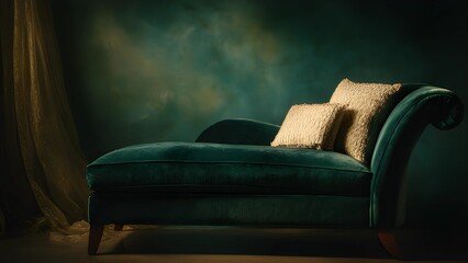 Emerald green velvet chaise lounge with rolled arms and a single backrest. Velvet chaise lounge in a deep teal, emerald green color with a light accent pillow with green wall background 