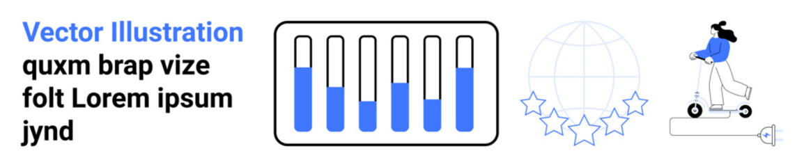 Fototapeta premium Woman riding scooter beside bar graphs and globe with stars representing growth, progress, global connectivity, eco-mobility, sustainability, urban lifestyle, and digital economy. Ideal for simple
