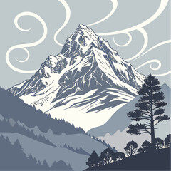 Snowy mountain landscape with trees and swirling clouds