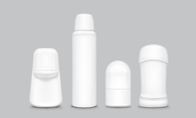 White deodorant mockup collection with roll on, spray bottle and stick container in 3d cosmetic design. Blank hygiene product set with caps for personal care branding and antiperspirant packaging.