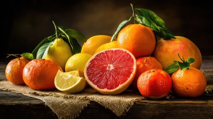 A vibrant still life features citrus fruits with green leaves on a rustic wooden surface