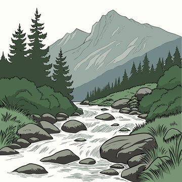 Mountain stream with rocks and trees river