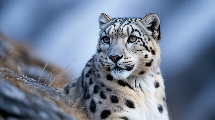 Obraz premium Majestic Snow Leopard with striking camouflage rests in its natural rocky mountain habitat, looking alertly into the distance.