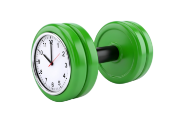 Time to exercise with green dumbbell clock isolated on transparent background
