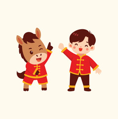 Cute Horse and Boy in Chinese New Year Outfits, Celebrating Together