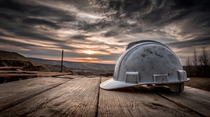 Obraz premium A weathered white helmet sits atop a wood surface with a dramatic sunset background