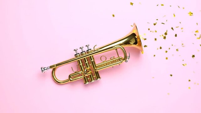 A gleaming gold trumpet is featured against a soft pink background with star-shaped confetti