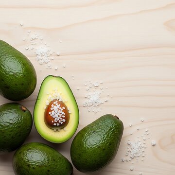Fresh avocados halved and whole with sprinkling of sea salt on wood table